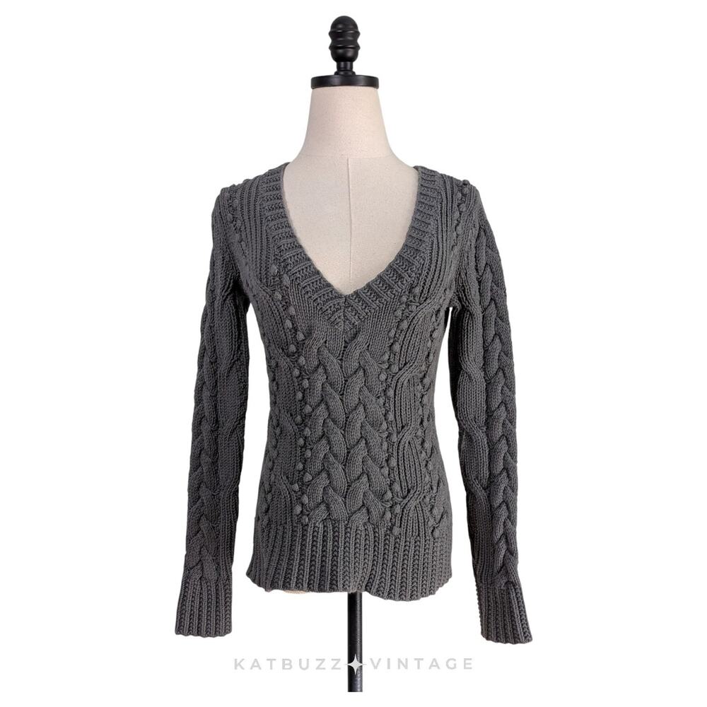 Y2K Banana Republic Cable Knit Sweater XS Gray Vneck Elena Bella Academia Chunky
